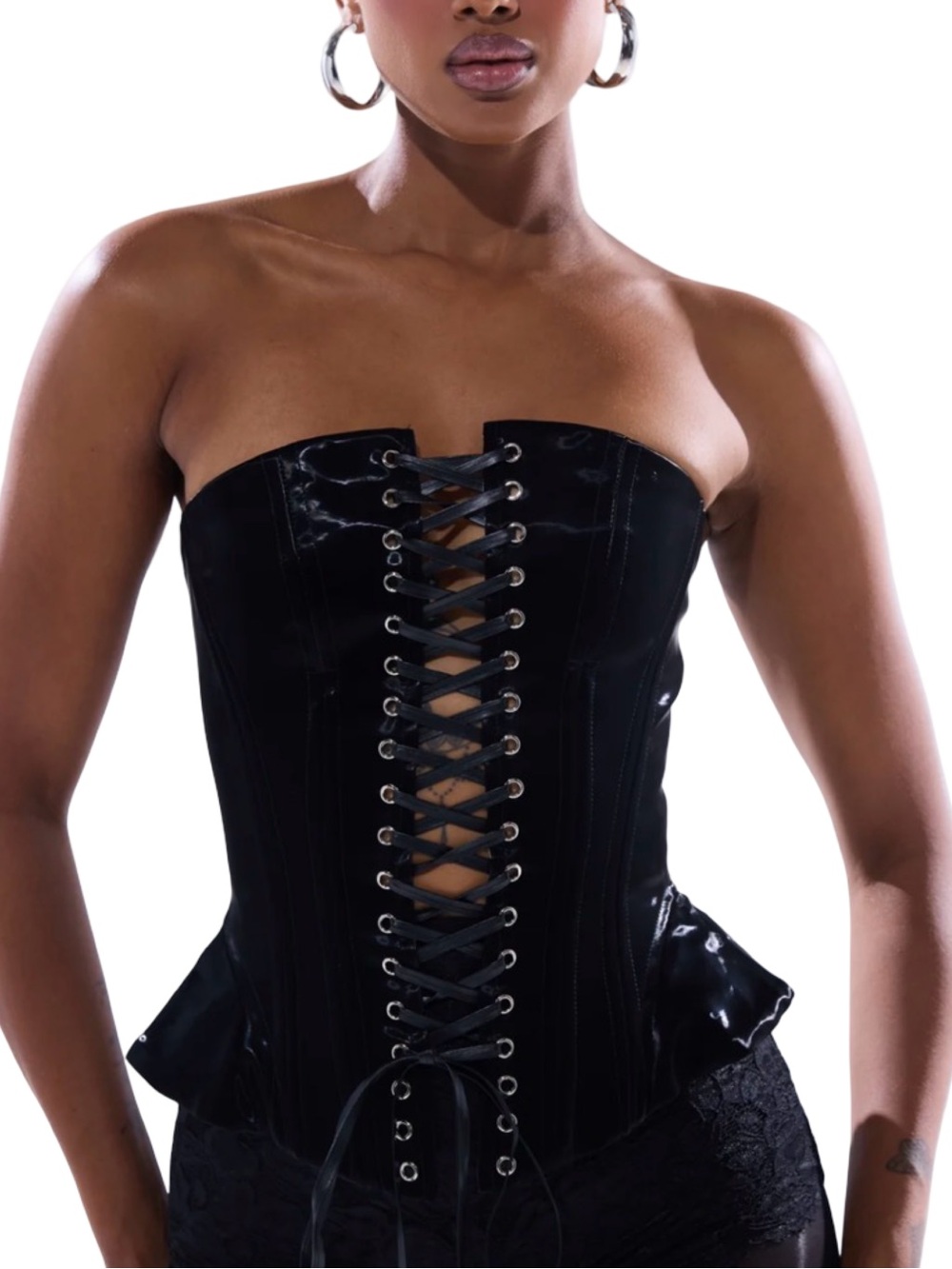 AKIRA Black Faux Patent Leather Lace Up Corset Peplum Top NWT 1X Plus